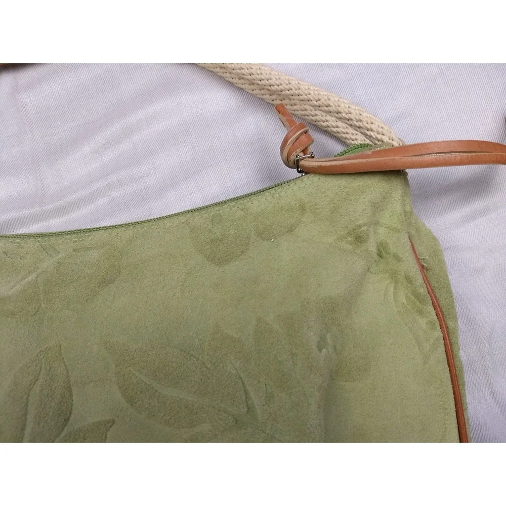 Claudia Firenze Italian Suede Leather Hobo Bag Pale Green Tan Trim Floral Zipper